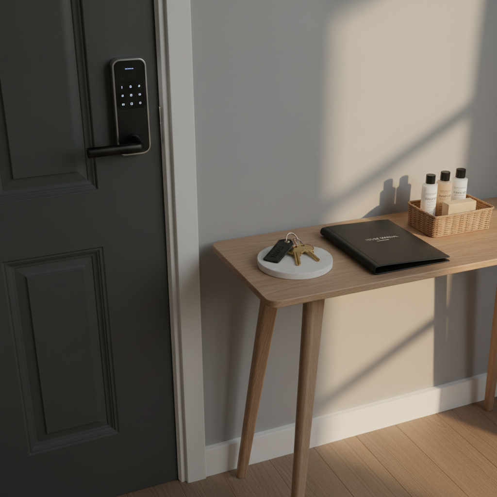An elegant entryway of a secondary home prepared for guests, with a narrow console table in light wood holding a neatly arranged welcome kit: clearly labeled keys on a metal keyring, a printed house manual in a sleek black folder, and a small basket containing travel-size toiletries. A modern smart lock is visible on the charcoal-colored front door. Warm, diffused afternoon light enters from an unseen side window, creating a soft glow on the matte painted walls. Photographic realism, shot from a slightly elevated angle using the rule of thirds to emphasize the welcome kit as the focal point. The atmosphere is organized, trustworthy, and professional, ideal for a conciergerie service presentation.