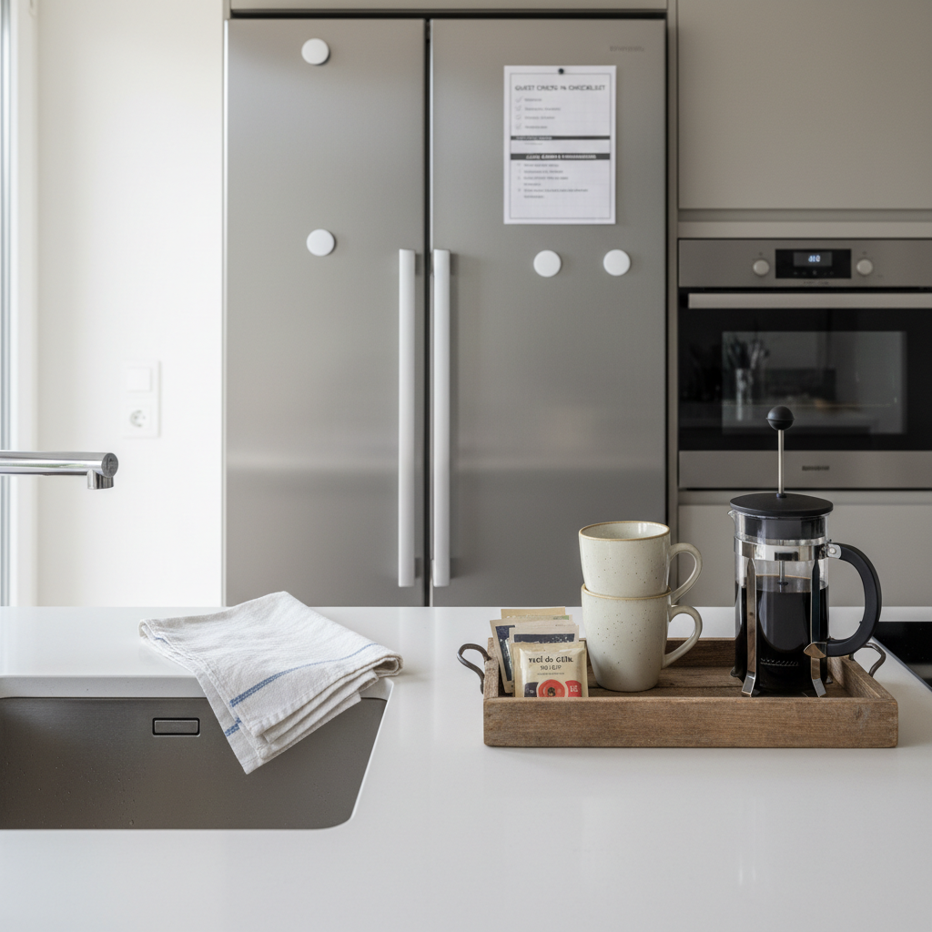 A clean, modern kitchen in a gîte fully prepared for incoming guests, featuring spotless white countertops, a stainless-steel sink with a neatly folded dish towel, and a wooden tray holding two stacked ceramic mugs, a small French press, and individually wrapped tea and coffee portions. In the background, a stainless fridge displays a printed check-in checklist and local recommendations pinned with minimalist magnets. Soft, even daylight from a nearby window reflects gently off the appliances, with subtle shadows under the tray. Photographic realism, captured at countertop height with a centered composition, conveying efficiency, reliability, and attention to detail, perfect for showcasing high-end property management and conciergerie services.