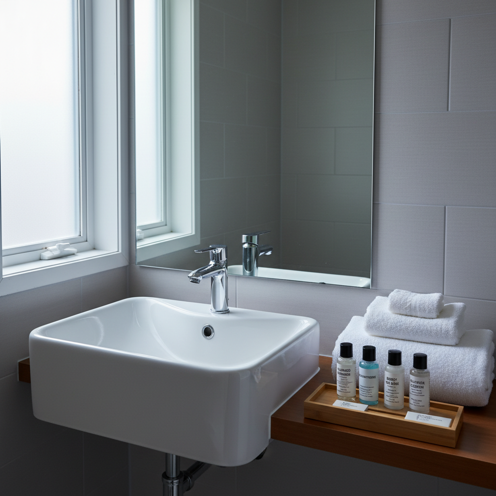 A spotless bathroom in an Airbnb property curated by a conciergerie service, featuring a glossy white sink with a modern chrome faucet, a folded stack of fluffy white towels, and a neatly aligned set of small, labeled toiletries arranged on a bamboo tray. A large mirror reflects a simple, tasteful tiled wall in soft gray tones. Cool, clean daylight from a frosted window creates a fresh, hygienic ambiance, with subtle reflections on the chrome and ceramic surfaces. Photographic realism, captured at eye level with the tray positioned along the rule of thirds line, conveying a mood of meticulous care, professionalism, and guest-ready perfection.