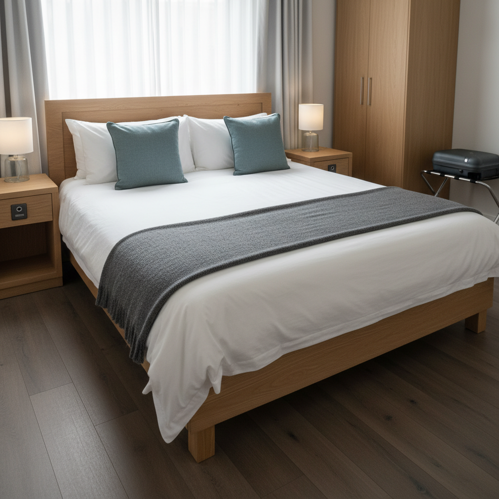 A meticulously made Airbnb bedroom featuring a neatly arranged queen-size bed with crisp white cotton linens, a folded charcoal gray throw at the foot, and two perfectly aligned accent pillows in muted teal. The bed is framed by matching light oak bedside tables, each with a small, minimalistic lamp and a discreet key lockbox. Soft morning sunlight filters through sheer white curtains, casting gentle shadows on the matte hardwood floor. Photographic realism, shot at eye level with a slightly wide angle, emphasizing cleanliness and order. The mood is professional, calm, and welcoming, suggesting high-quality conciergerie management, with a shallow depth of field that subtly blurs the distant wardrobe and luggage rack in the background.