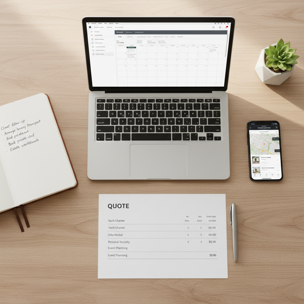 An overhead view of a modern home office desk representing a conciergerie agency workspace, with a slim silver laptop displaying a calendar and booking schedule, a leather-bound notebook opened to a handwritten to-do list, and a smartphone showing a property management app. To the side lies a printed, itemized quote with clean typography and a pen aligned parallel to its edge. The desk surface is smooth light oak, with a small plant in a minimalist pot adding a touch of green. Soft, diffused daylight from the top of the frame illuminates the scene evenly. Photographic realism, flat-lay composition with sharp focus throughout, creating a professional, organized, and trustworthy mood, emphasizing bespoke estimates and efficient management.